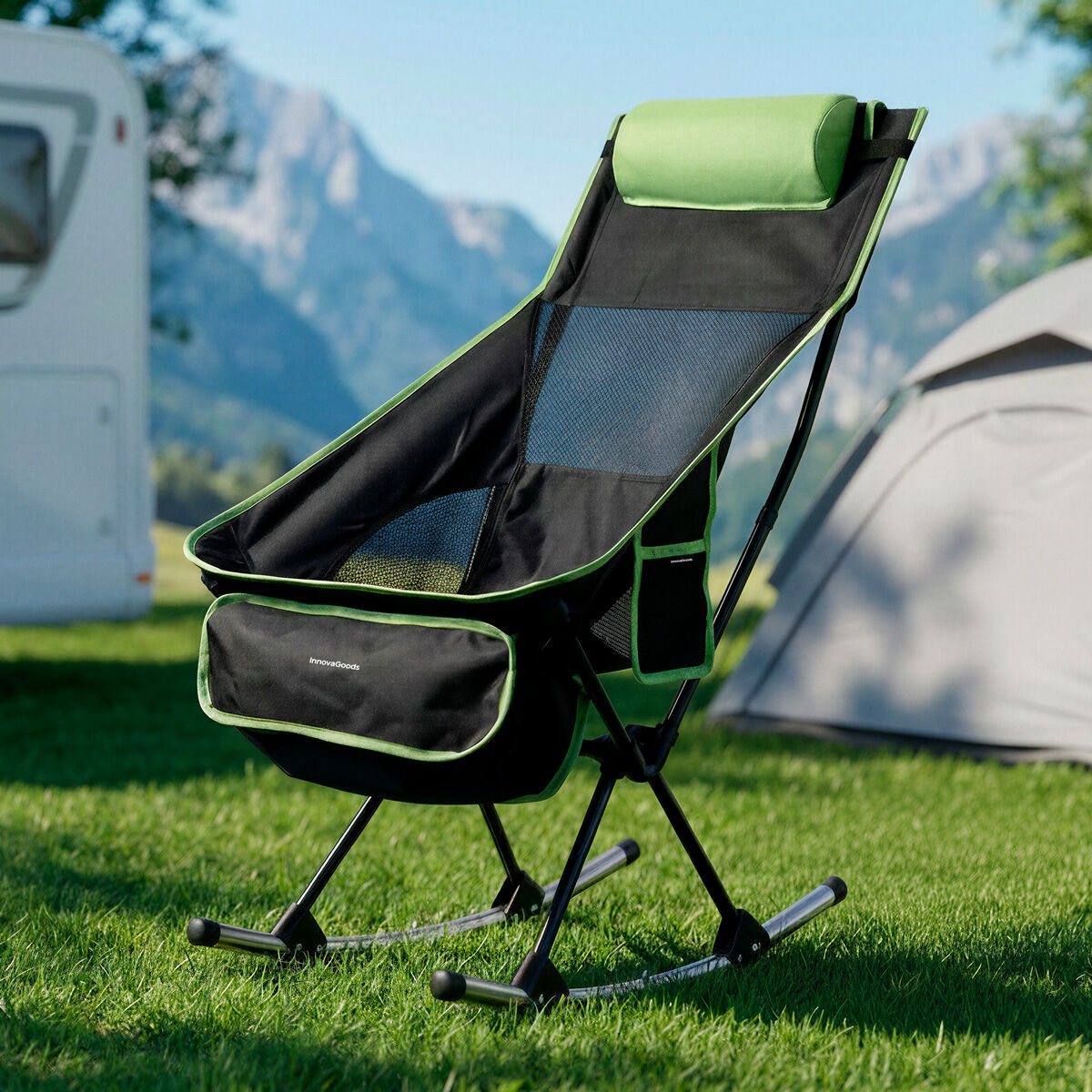 Trillow 2-i-1 hopfällbar camping-gungstol i svart och grönt med nackkudde och sidoficka