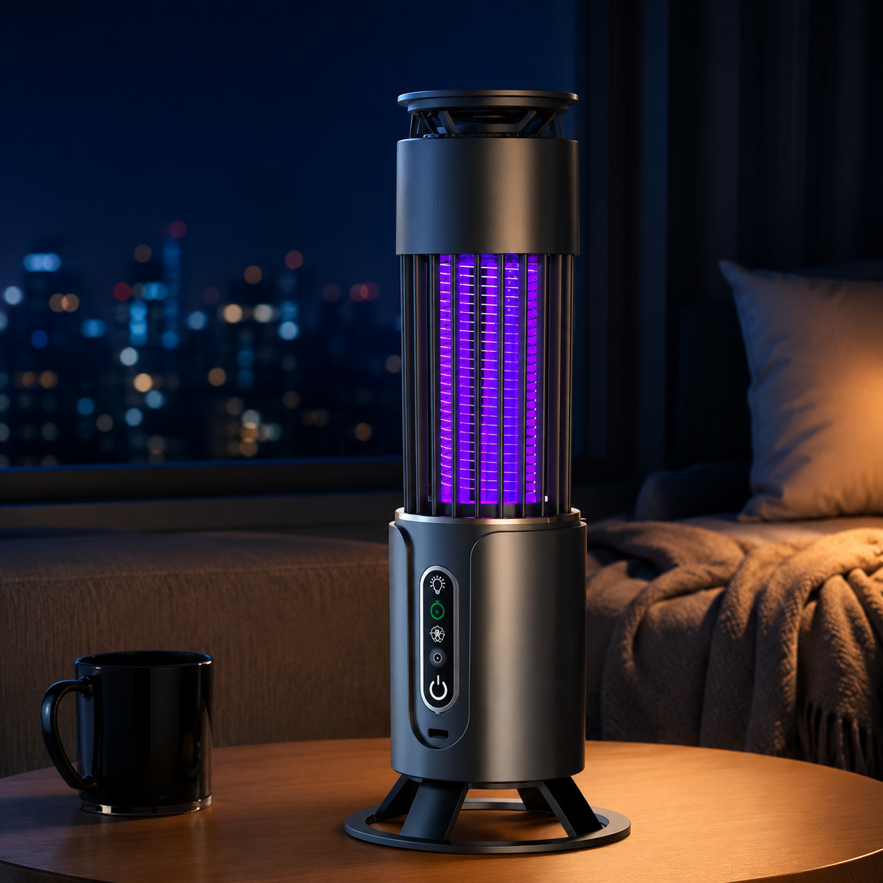 MosquitoZap Pro™ elektrisk myggfälla med lila UV-ljus på ett bord inomhus