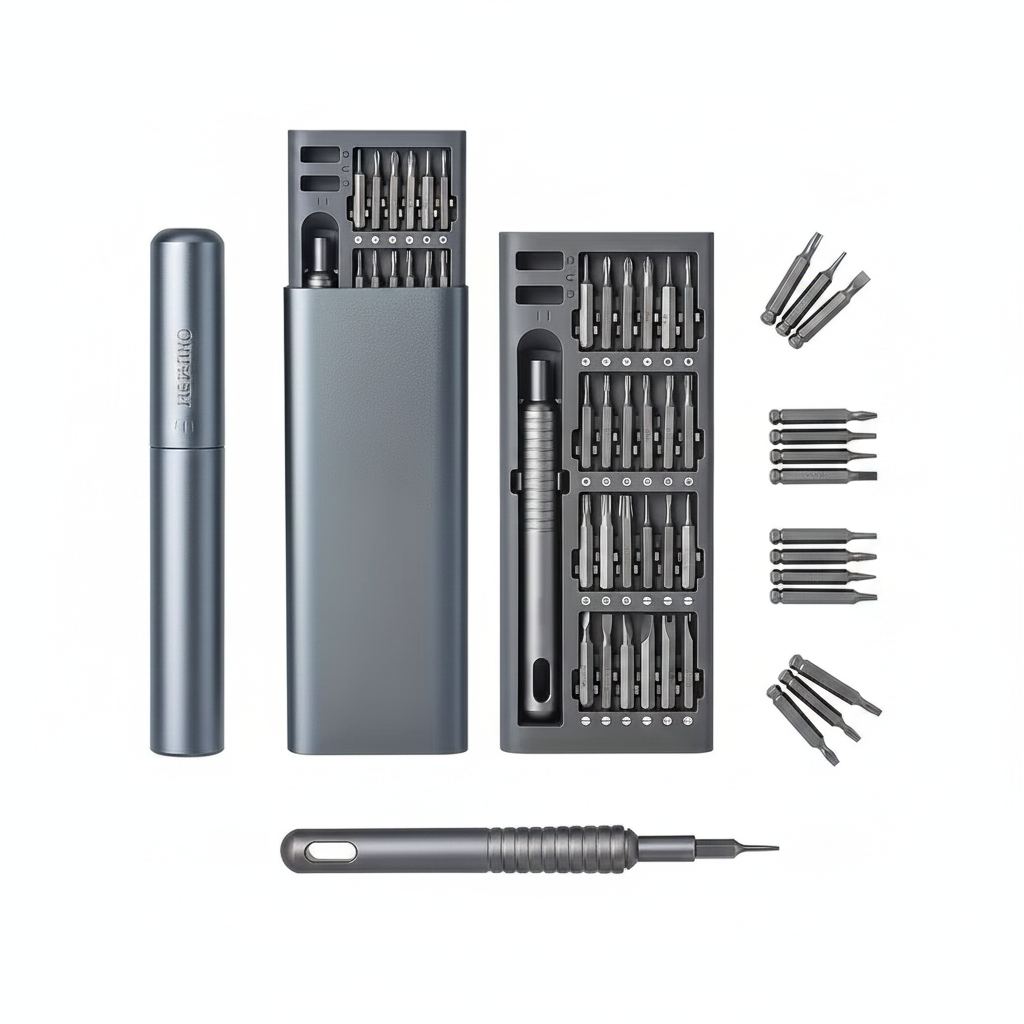25-i-1 mini skruvmejselset – flat lay ovanifrån med alla bits