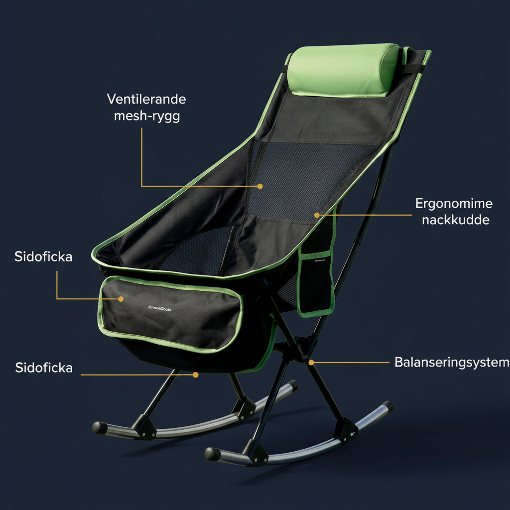 Camping-gungstol infografik produktfunktioner